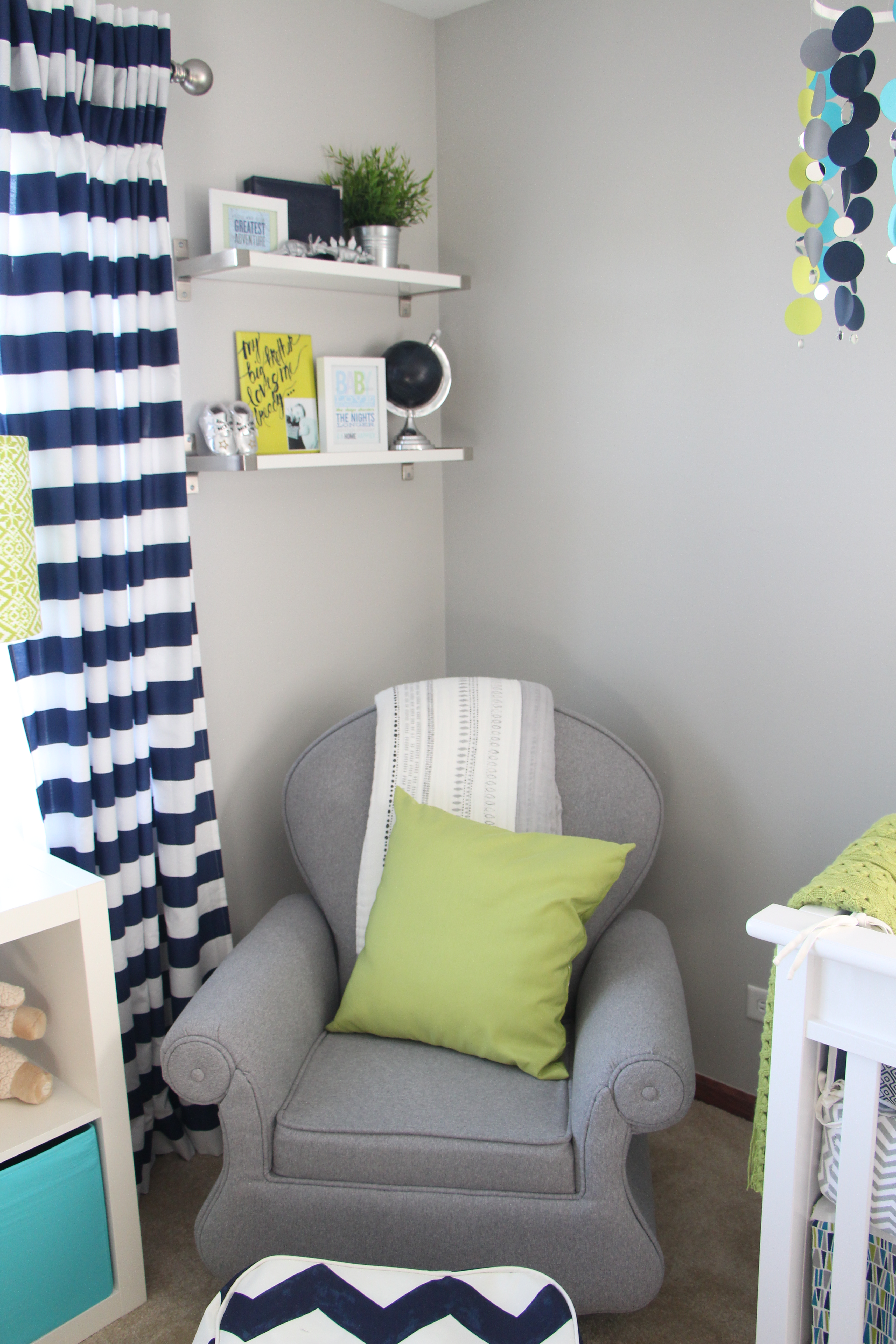 nursery glider | Baby boy nursery | little boy room | navy, lime green and gray nursery | This is our Bliss