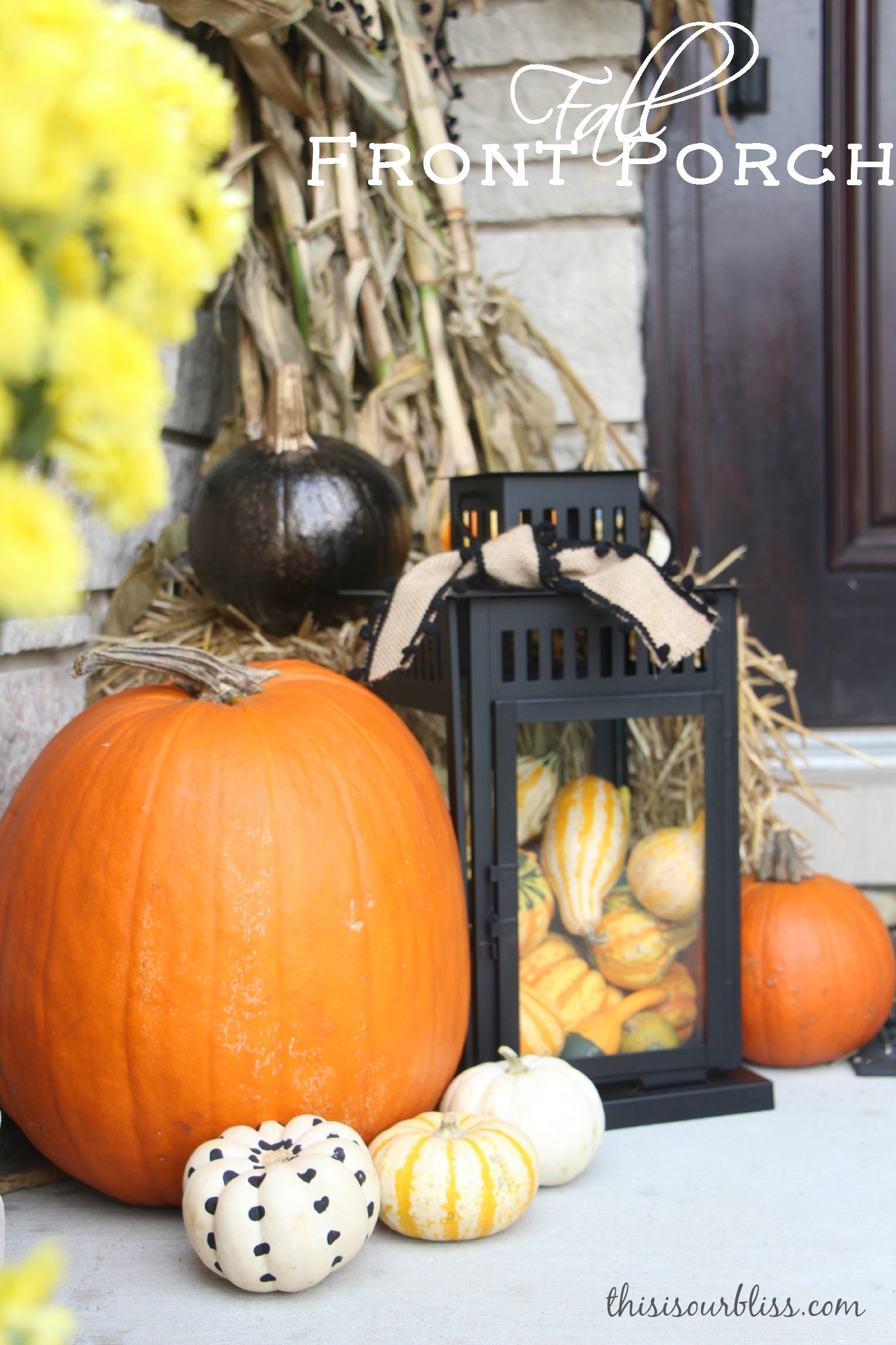 Fall front porch - a touch of gold - painted pumpkins & lanterns & hay & cornstalks - DIY