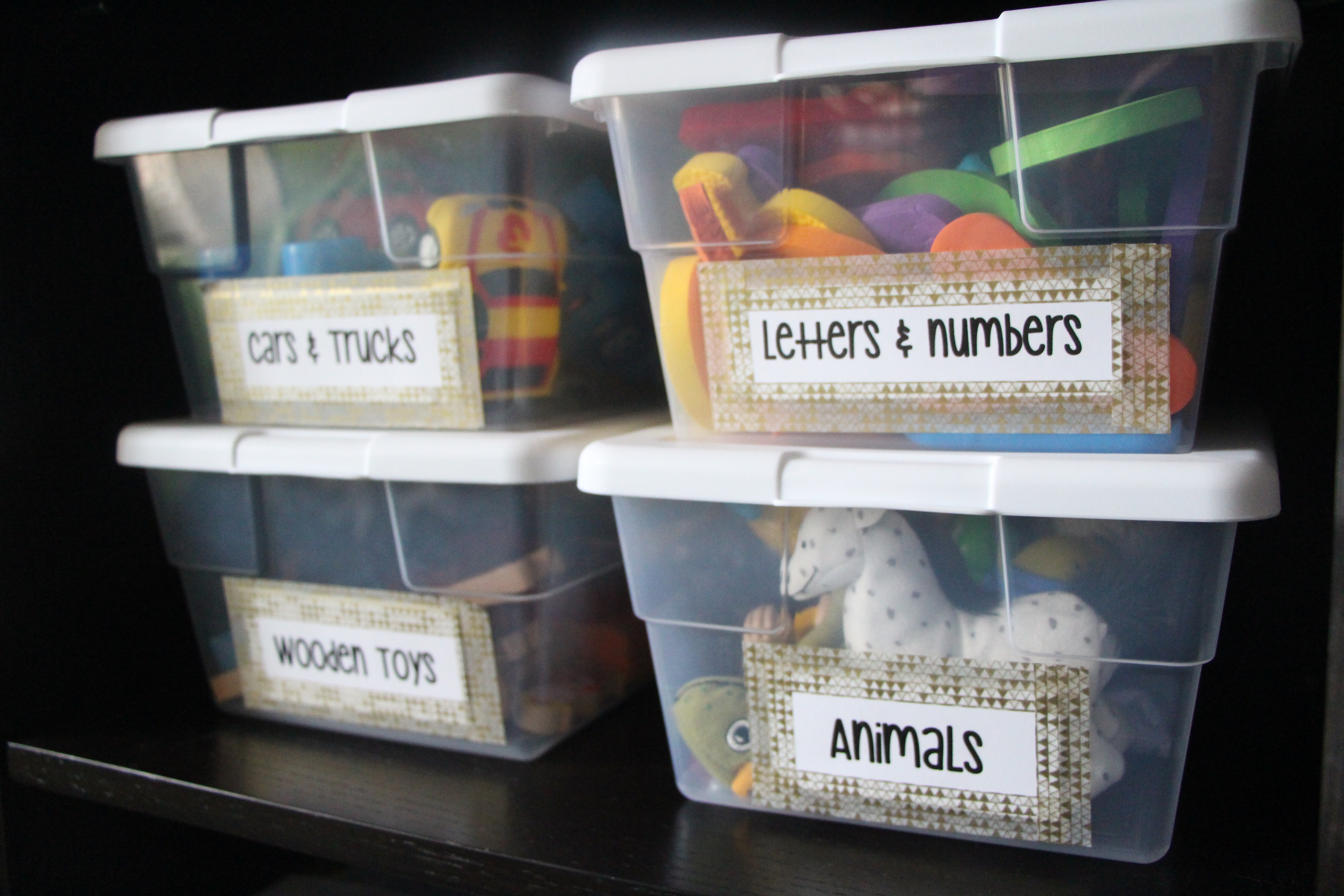 playroom organization - washi tape toy bin labels