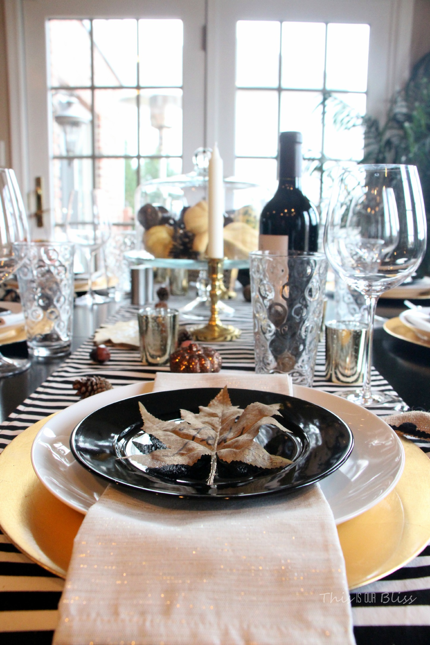 How to create a Modern & Elegant Thanksgiving Table-- black white & gold---natural touches -- This is our Bliss 4