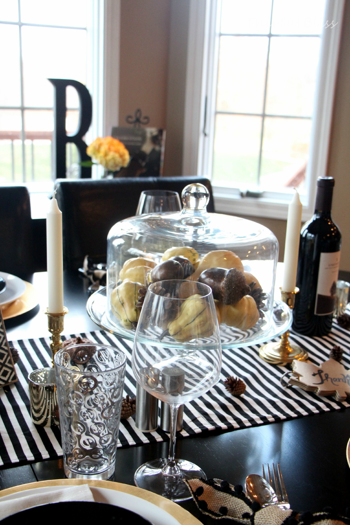 How to create a Modern & Elegant Thanksgiving Table-- black white & gold---natural touches -- This is our Bliss 8