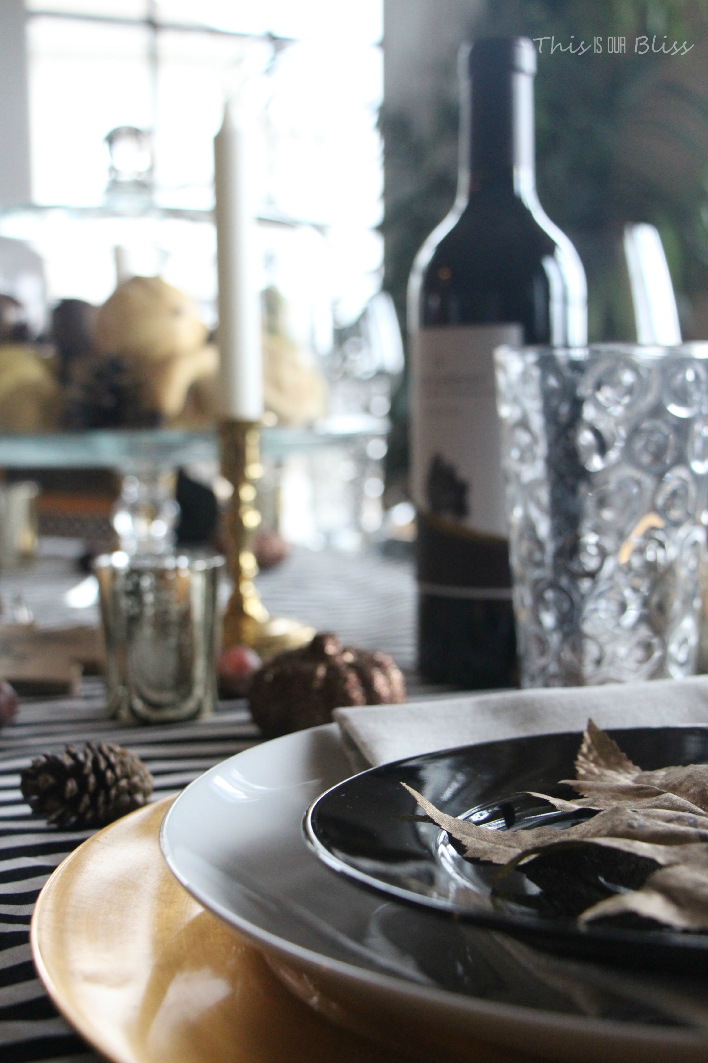 How to create a Modern & Elegant Thanksgiving Table-- black white & gold---natural touches -- This is our Bliss 9