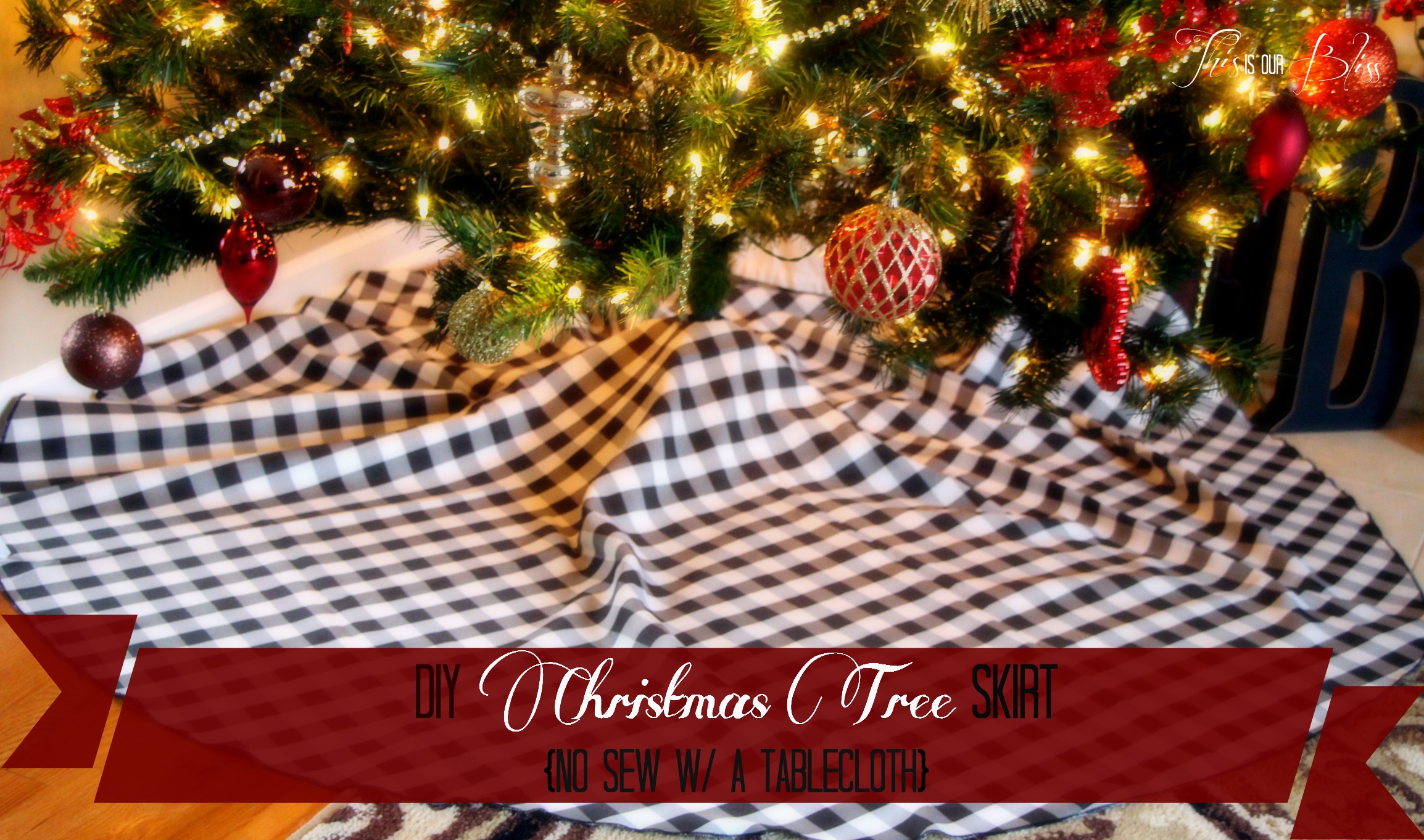 DIY Tree skirt - round tablecloth - no sew with a tableloth