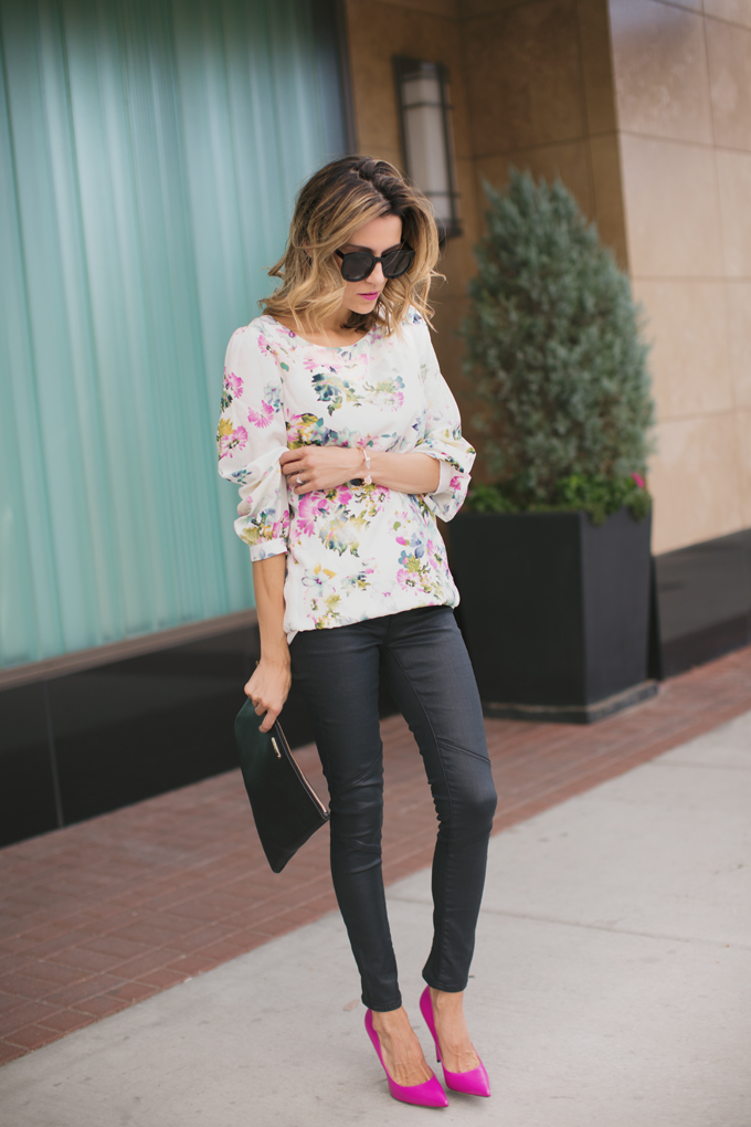 floral + leather + pink heels