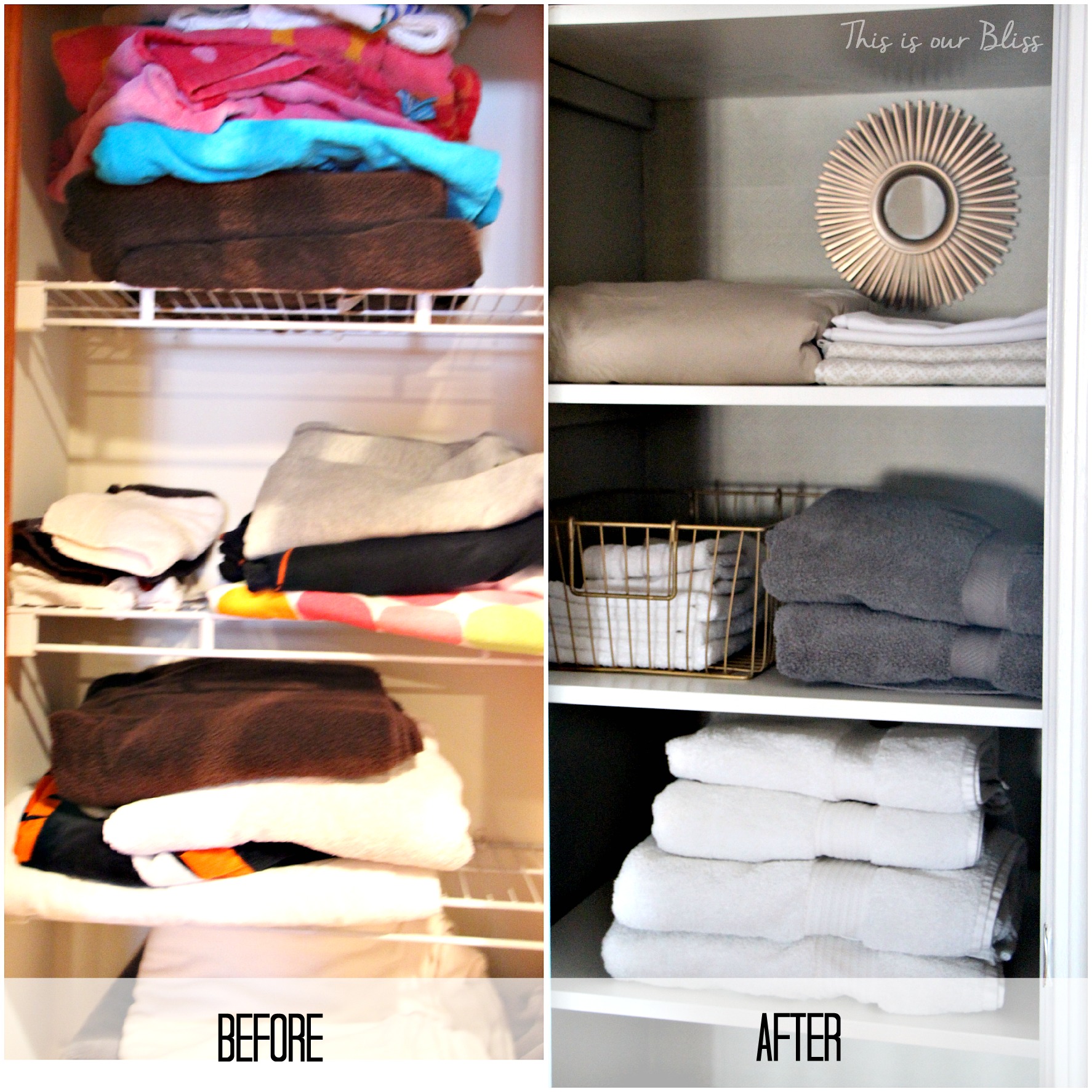 Linen closet before and after - Decluttered & organized linen closet - This is our Bliss