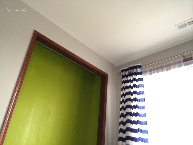 DIY lime green nursery closet - Can't Miss LIme - valspar paint - DIY nursery closet - navy green gray - This is our Bliss