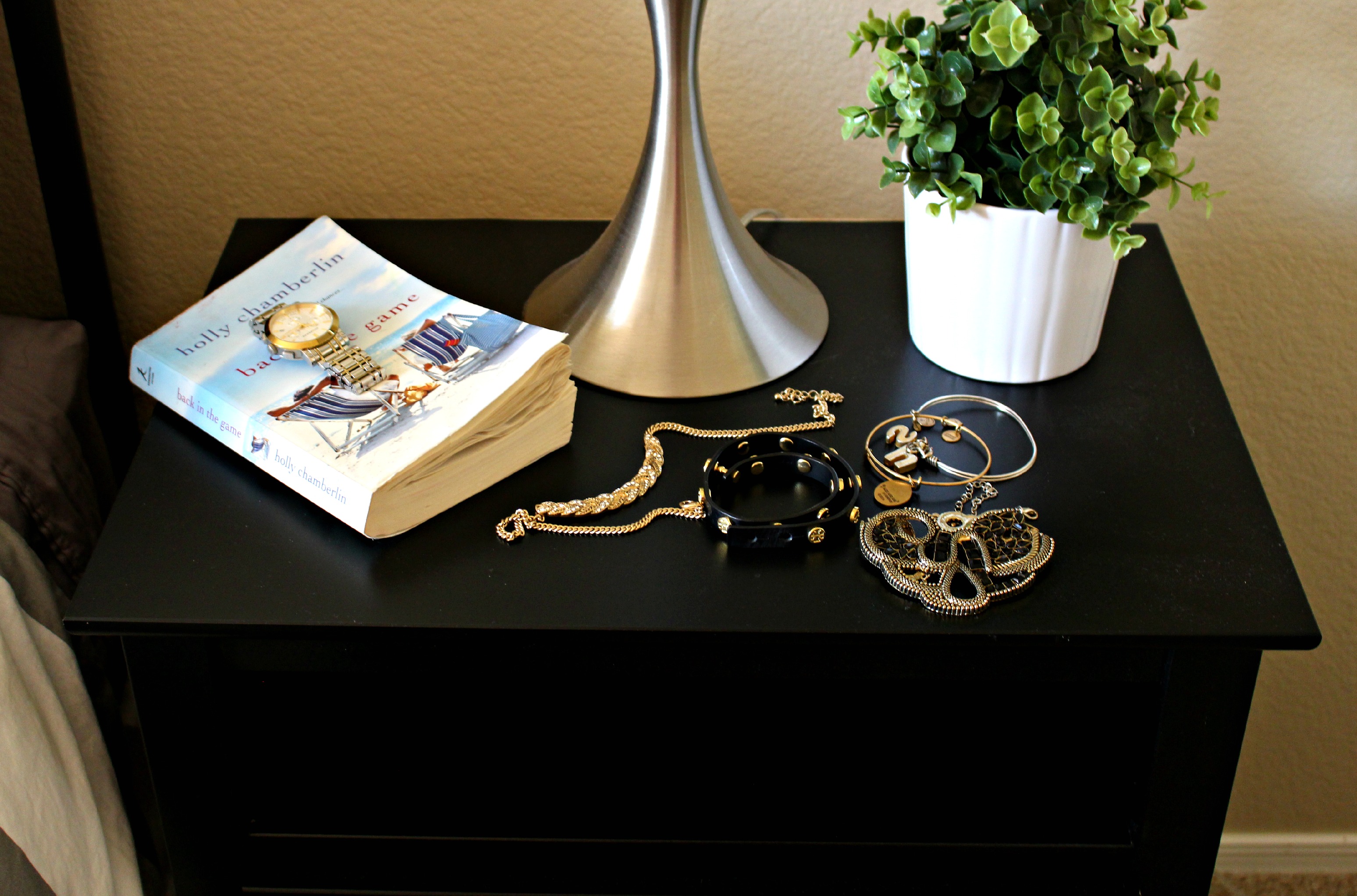 guest bedroom nightstand before - DIY gold detail acrylic tray - This is our Bliss