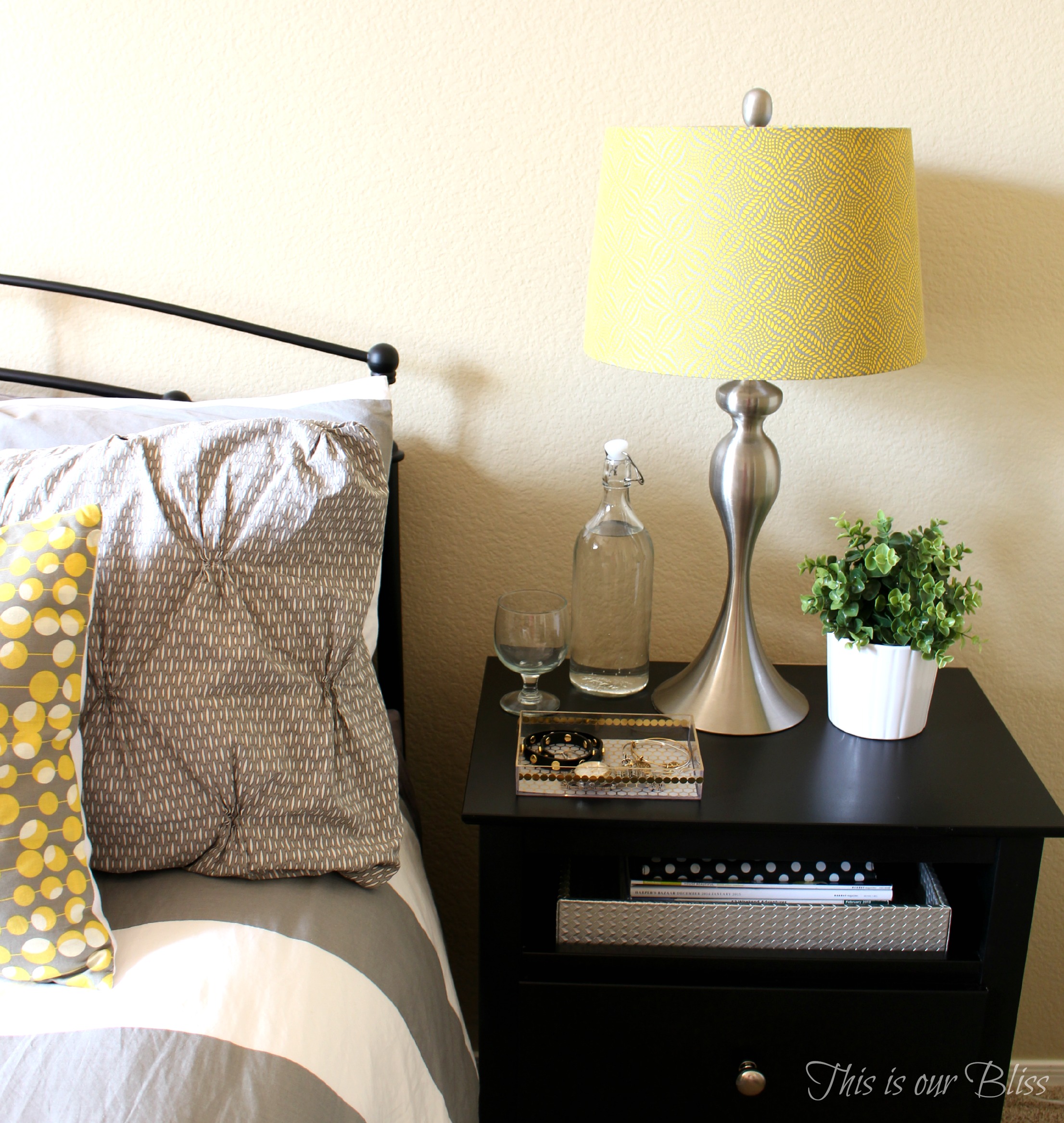 Guestroom Bedside table after - DIY gold detail acrylic tray - jewelry catchall - This is our Bliss