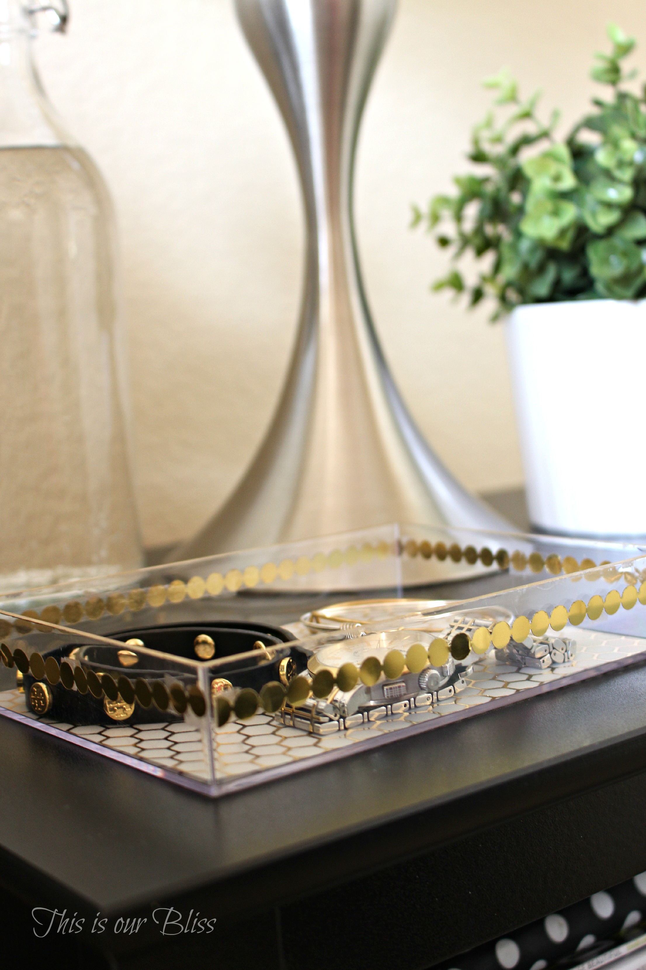 guestroom bedside table - DIY gold detail acrylic tray - jewelry catchall - This is our Bliss