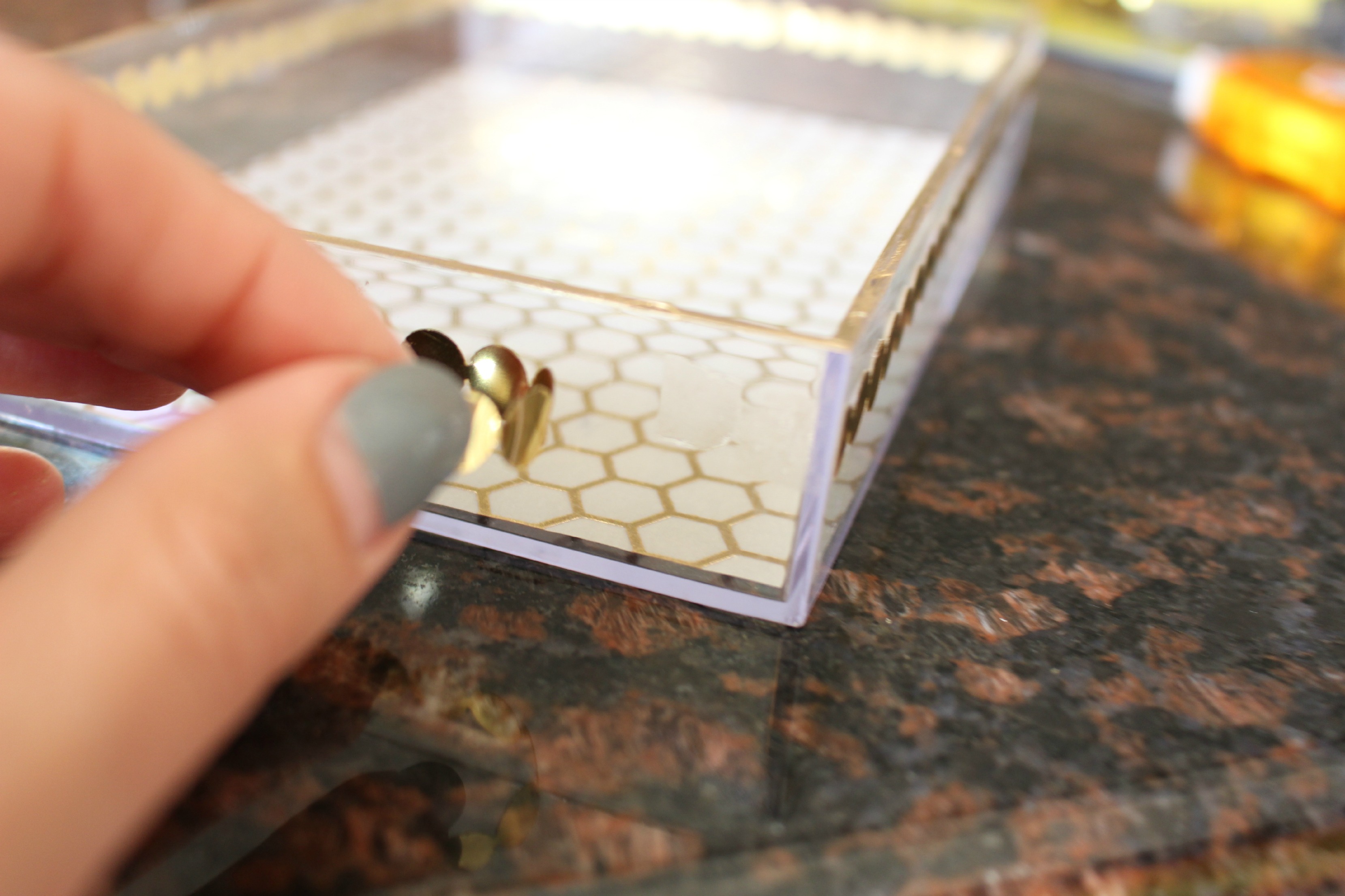 Martha Stewart Decoupage metallic trim application with elmers craft bond - DIY gold detail acrylic tray - This is our Bliss