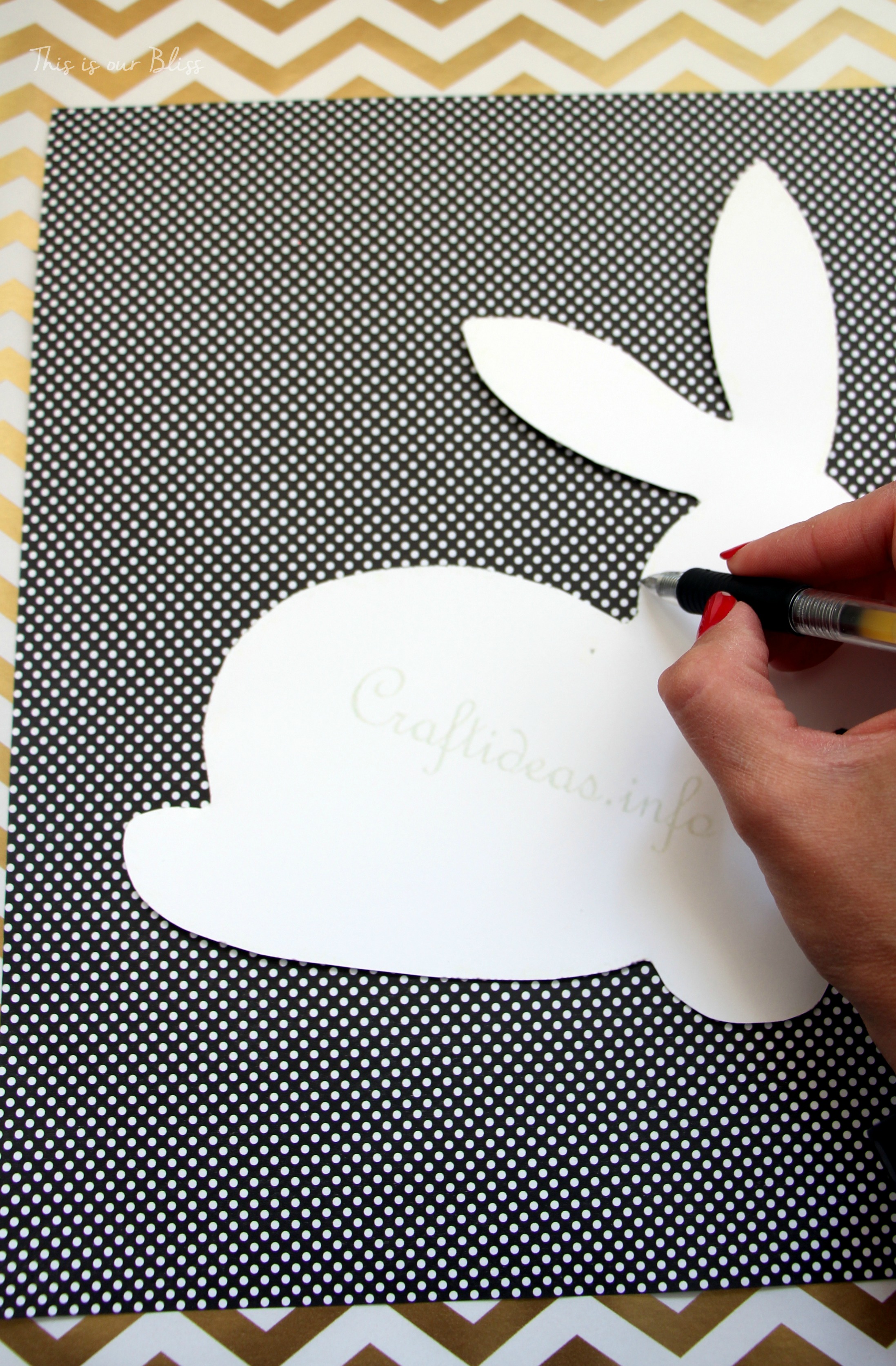 Bunny printable - trace onto paper - cut out to use as a stencil - Chic Easter art - black white and gold - polka dot gold foil - This is our Bliss