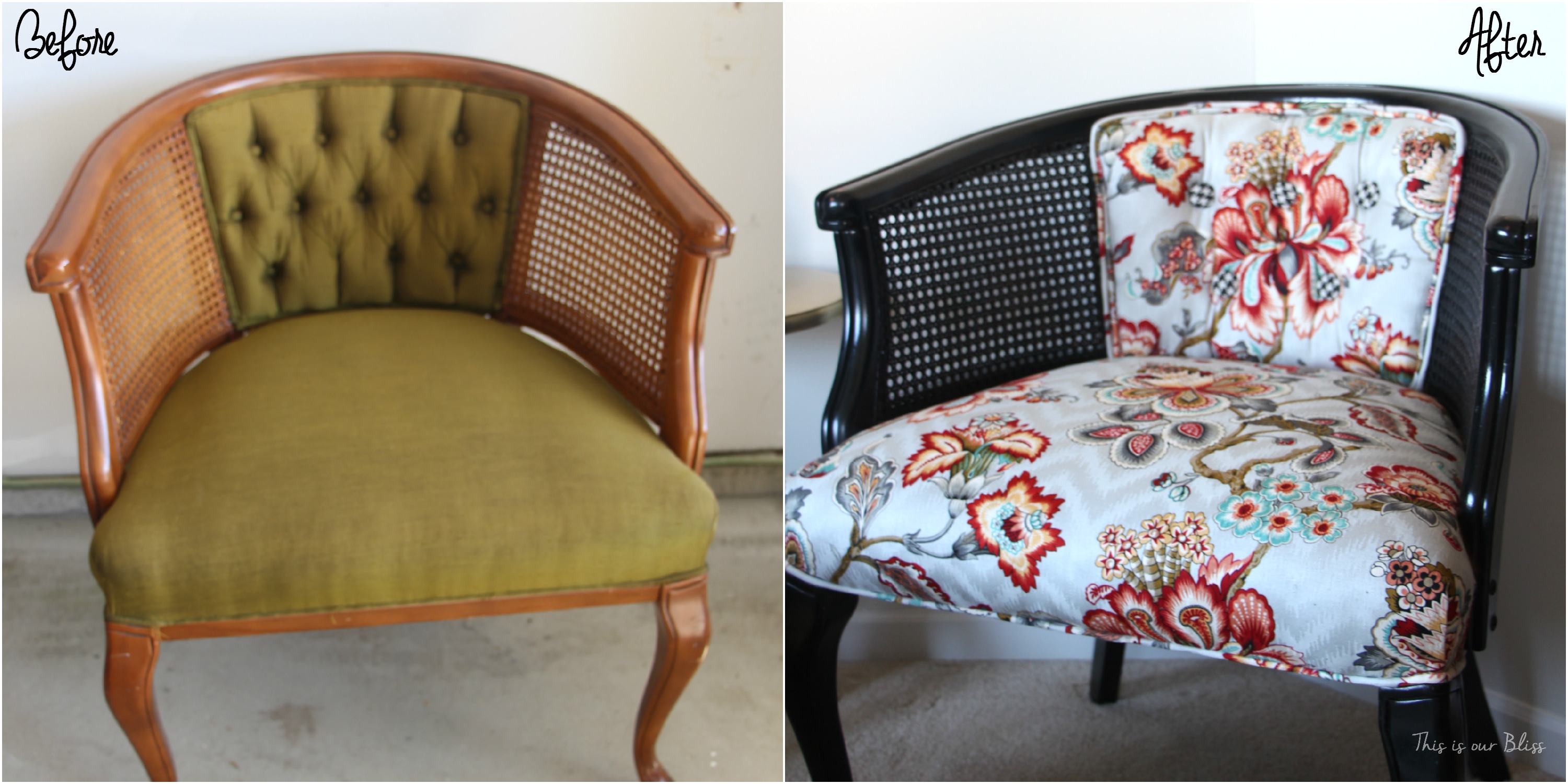 floral and houndstooth cane chair makeover - HGTV fabric - This is our Bliss - before and after