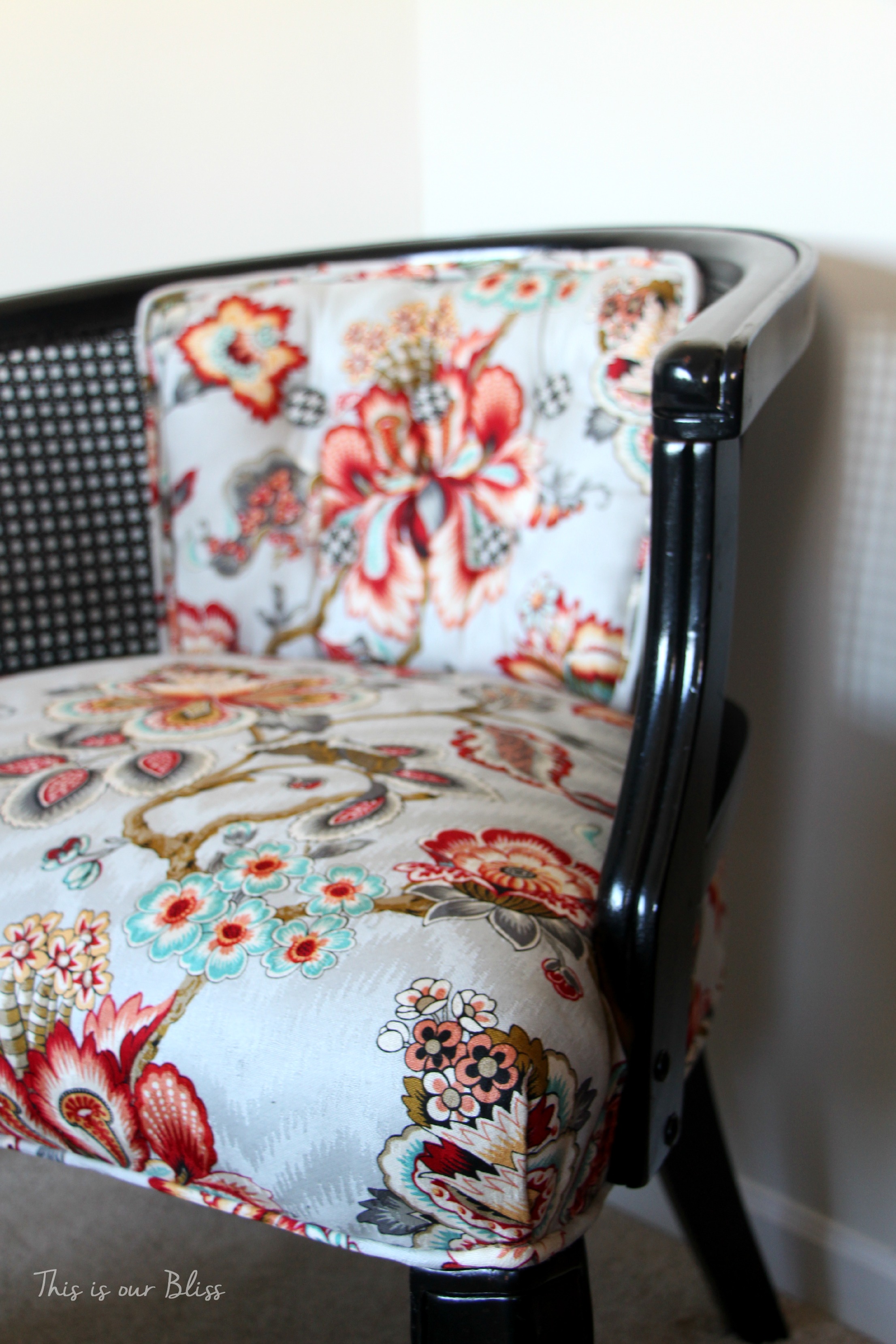 floral and houndstooth cane chair makeover - HGTV fabric - This is our Bliss