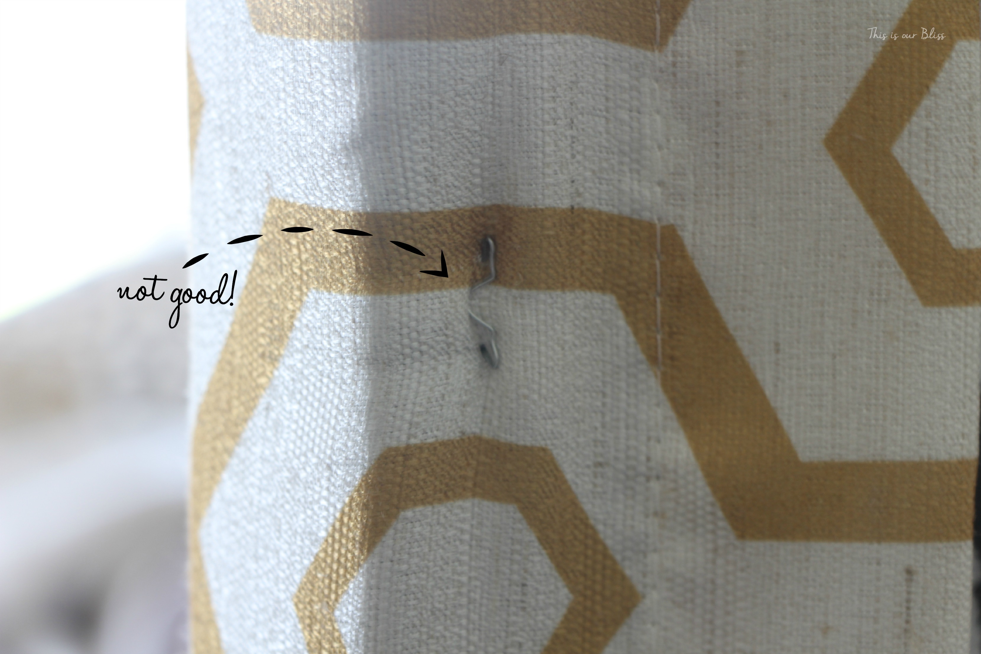 bad staple job - how to reupholster a headboard with a curtain panel - this is our bliss