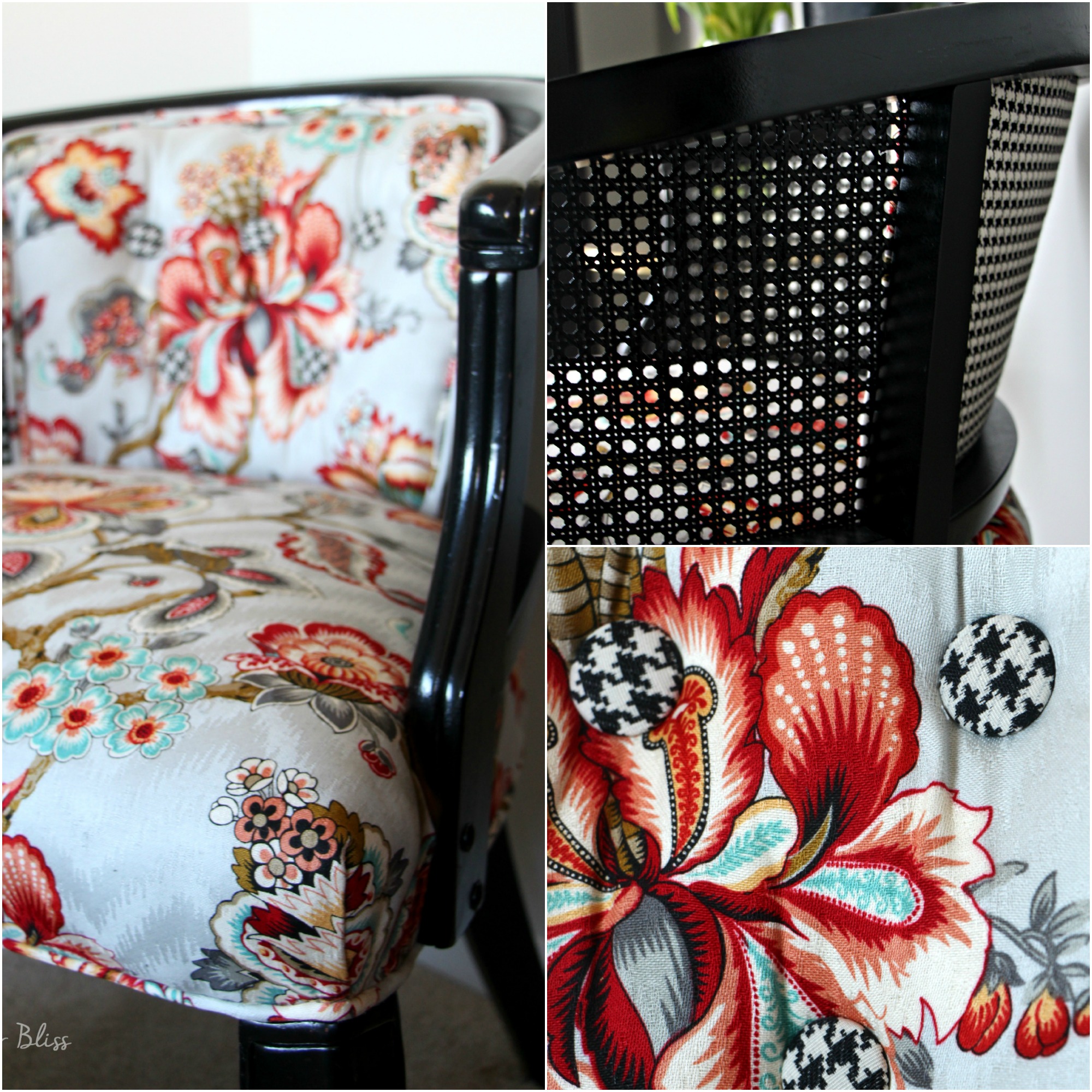 cane chair makeover - floral and houndstooth fabric - Guestroom revamp - This is our Bliss
