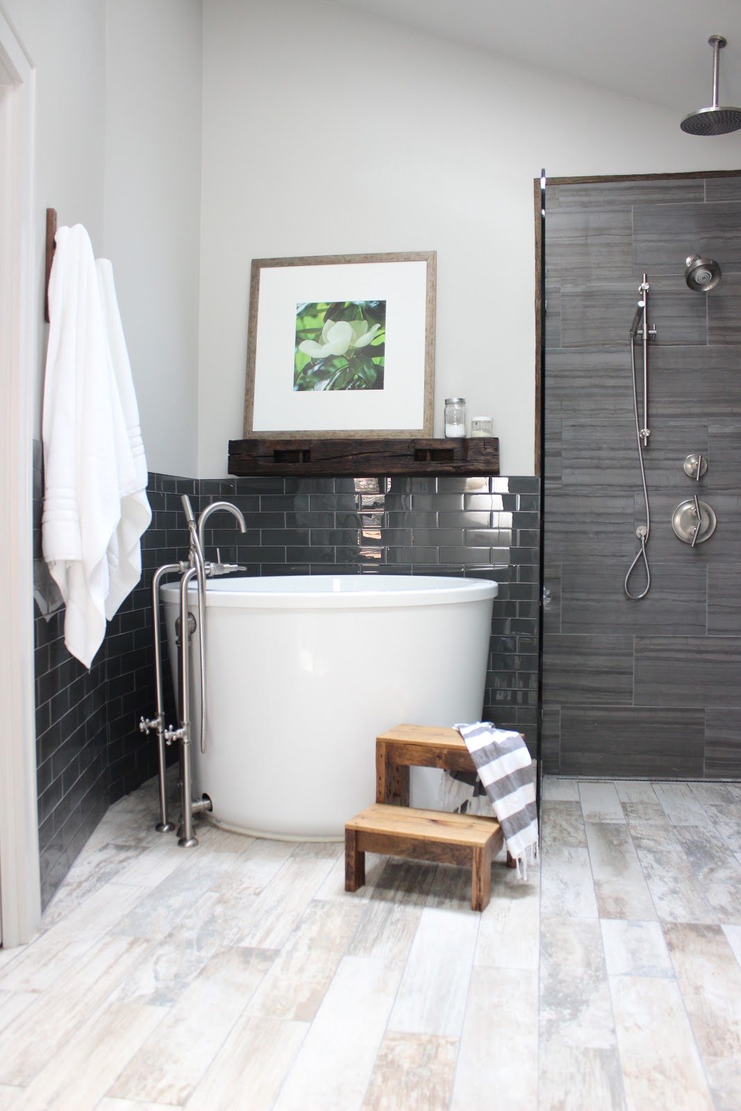 gray tile - warm wood feel - bathroom remodel