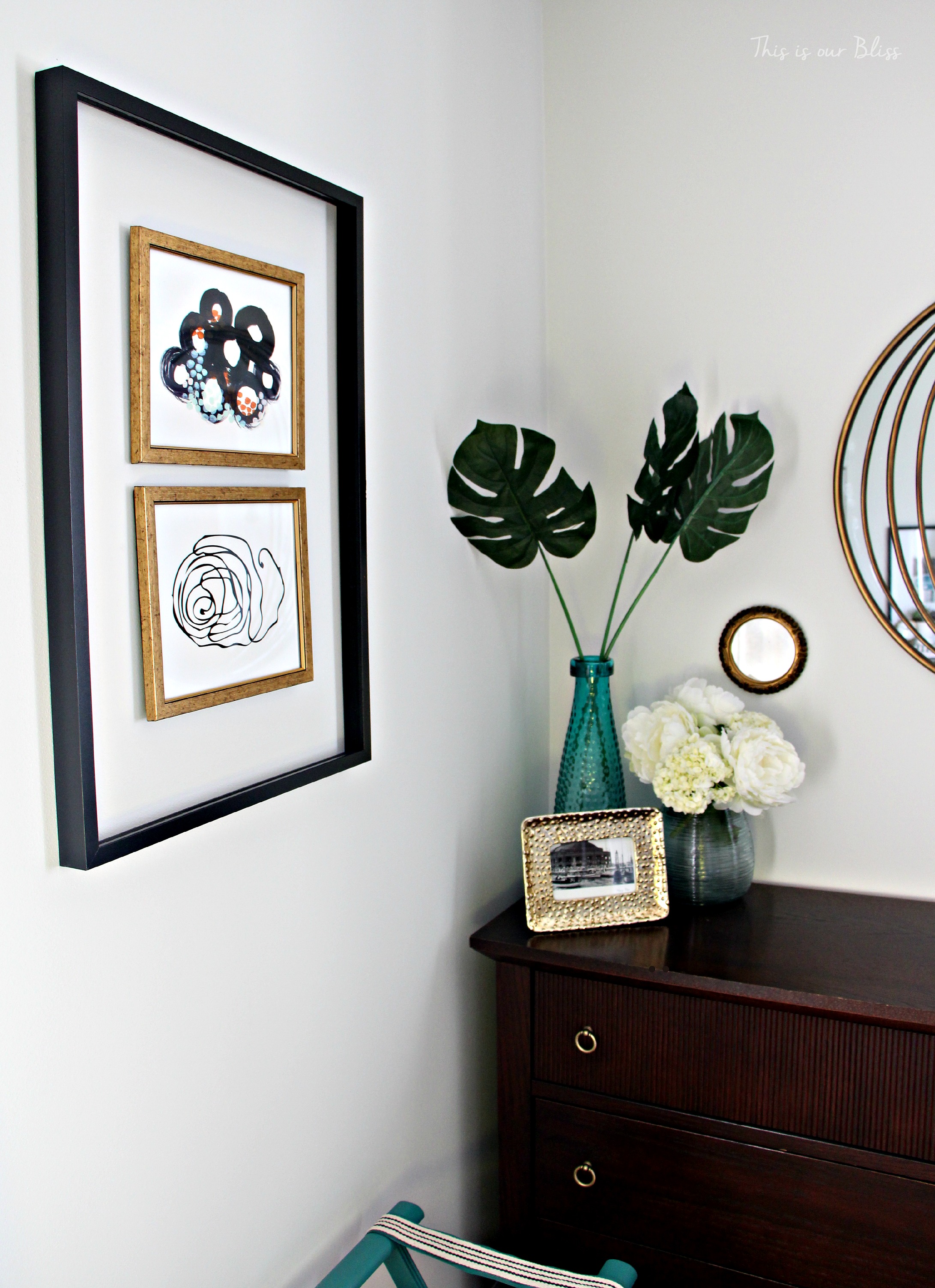 Guestroom revamp - Minted art - open frame - luggage rack - - dresser - fresh flowers - This is our Bliss