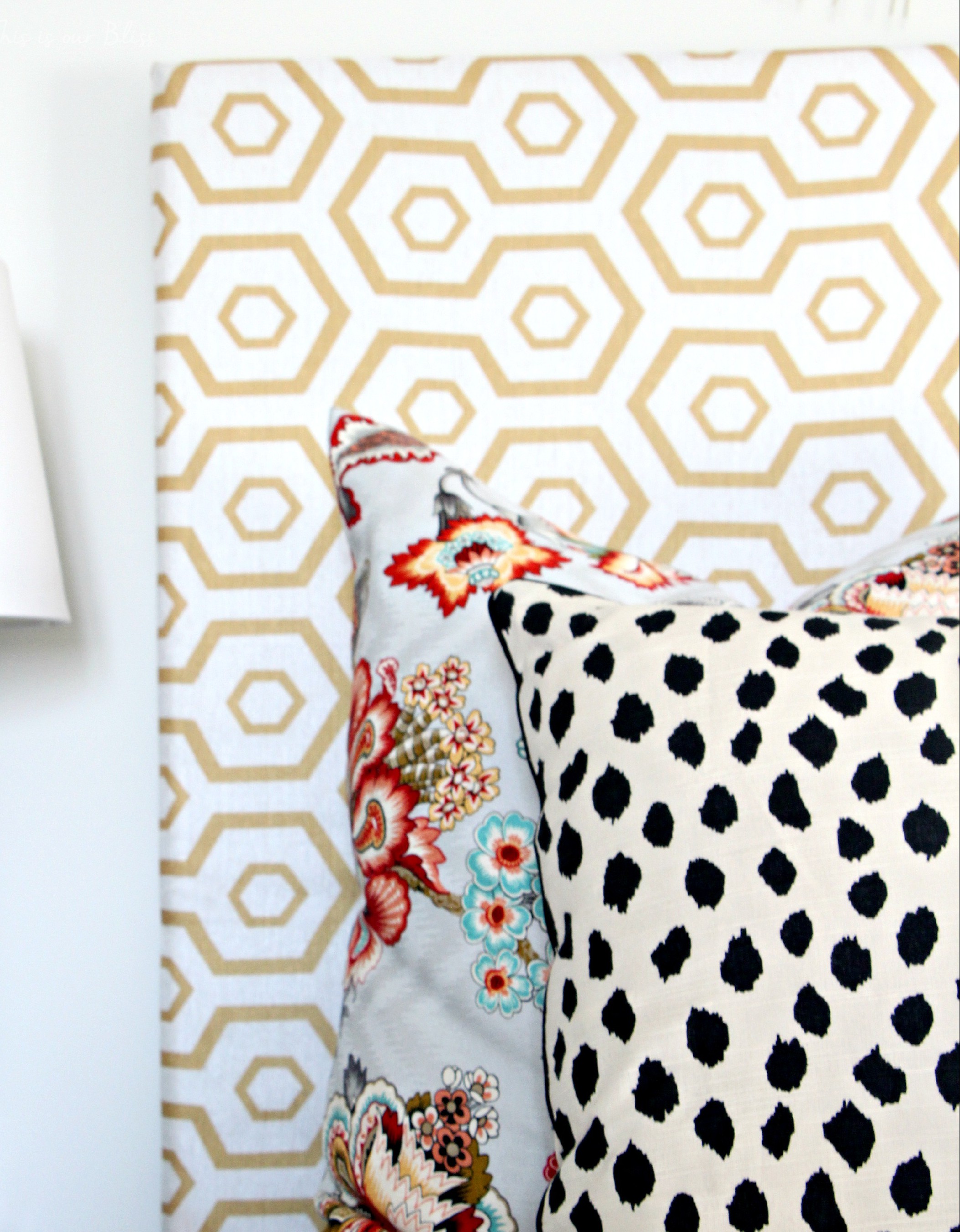 Guestroom revamp - pattern play pillows - floral - dalmation - hexago - This is our Bliss