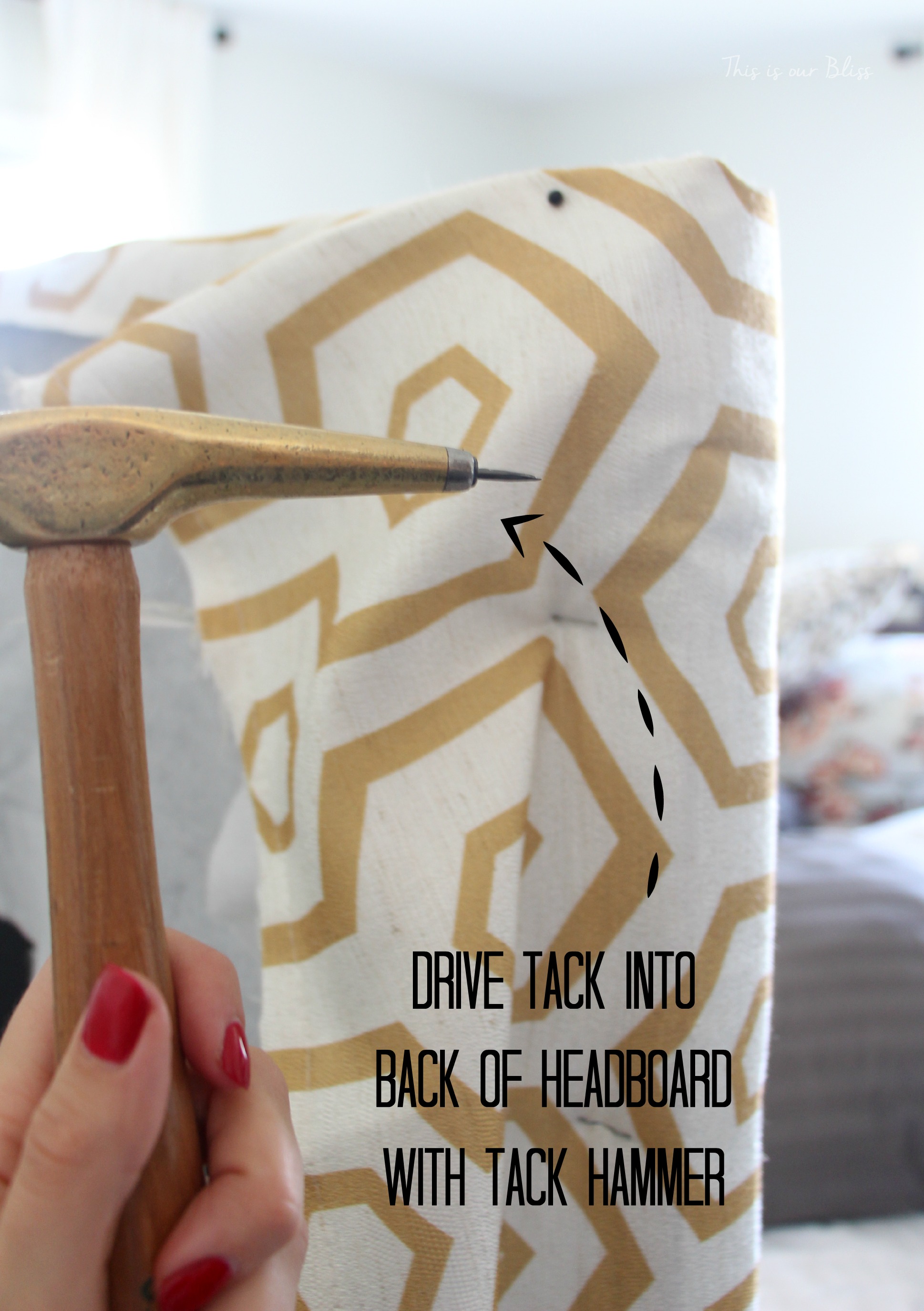 how to reupholster a headboard with a curtain panel - tack hammer and tacks - this is our bliss