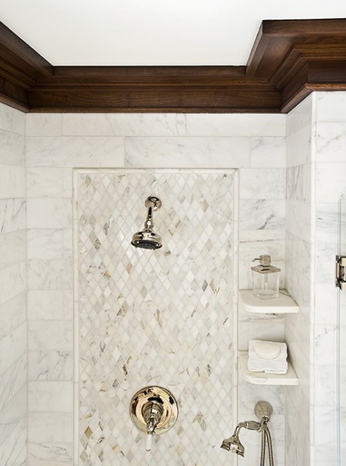 marble shower - wood trim