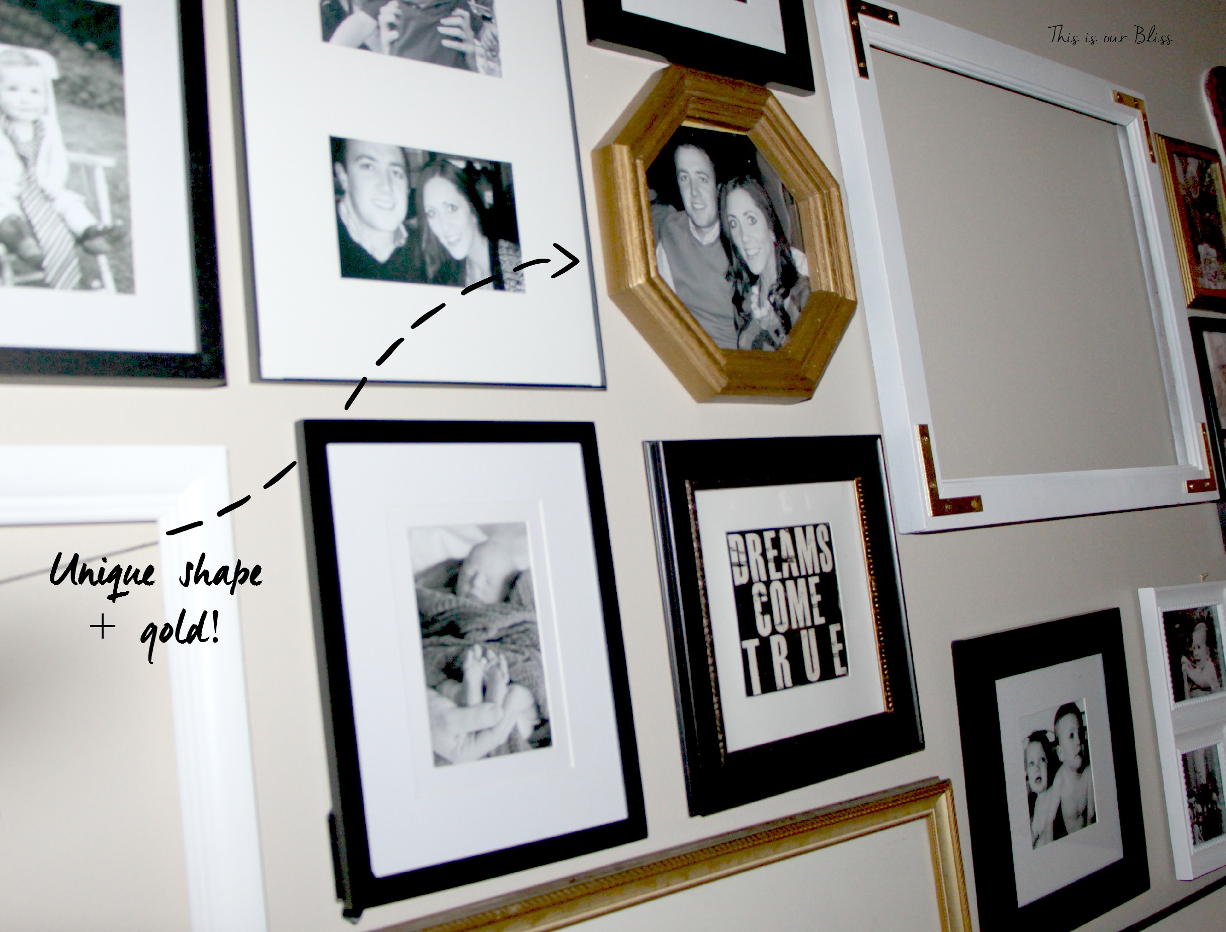 octagon thrifted frame - gallery wall - black white and gold - this is our bliss