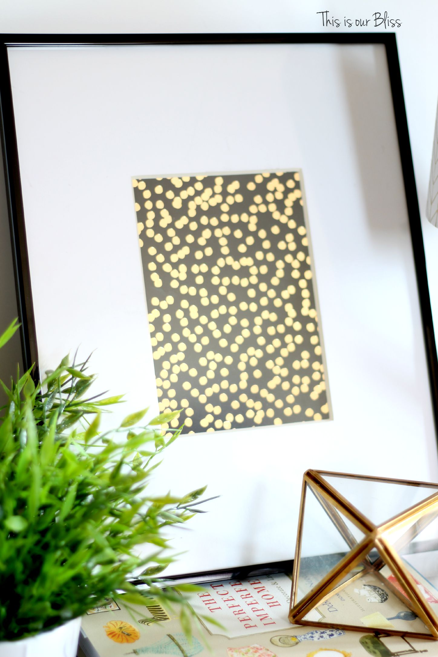 black & gold foil polka dot journal turned art - guestroom art - gallery wall - vignette - This is our Bliss
