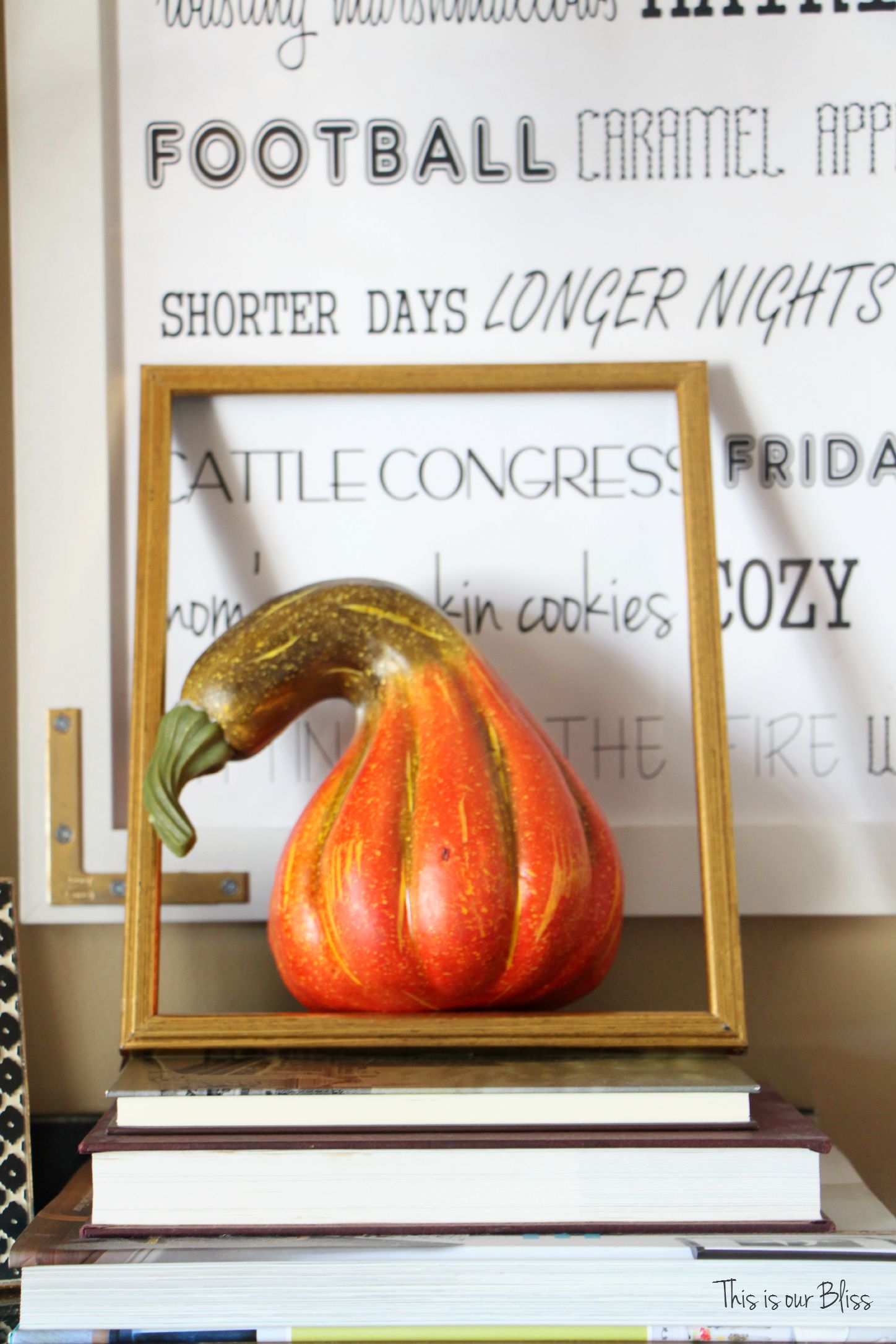 fall decor - fall entry way - fall vignette - open framed gourd - DIY fall word art - this is our bliss