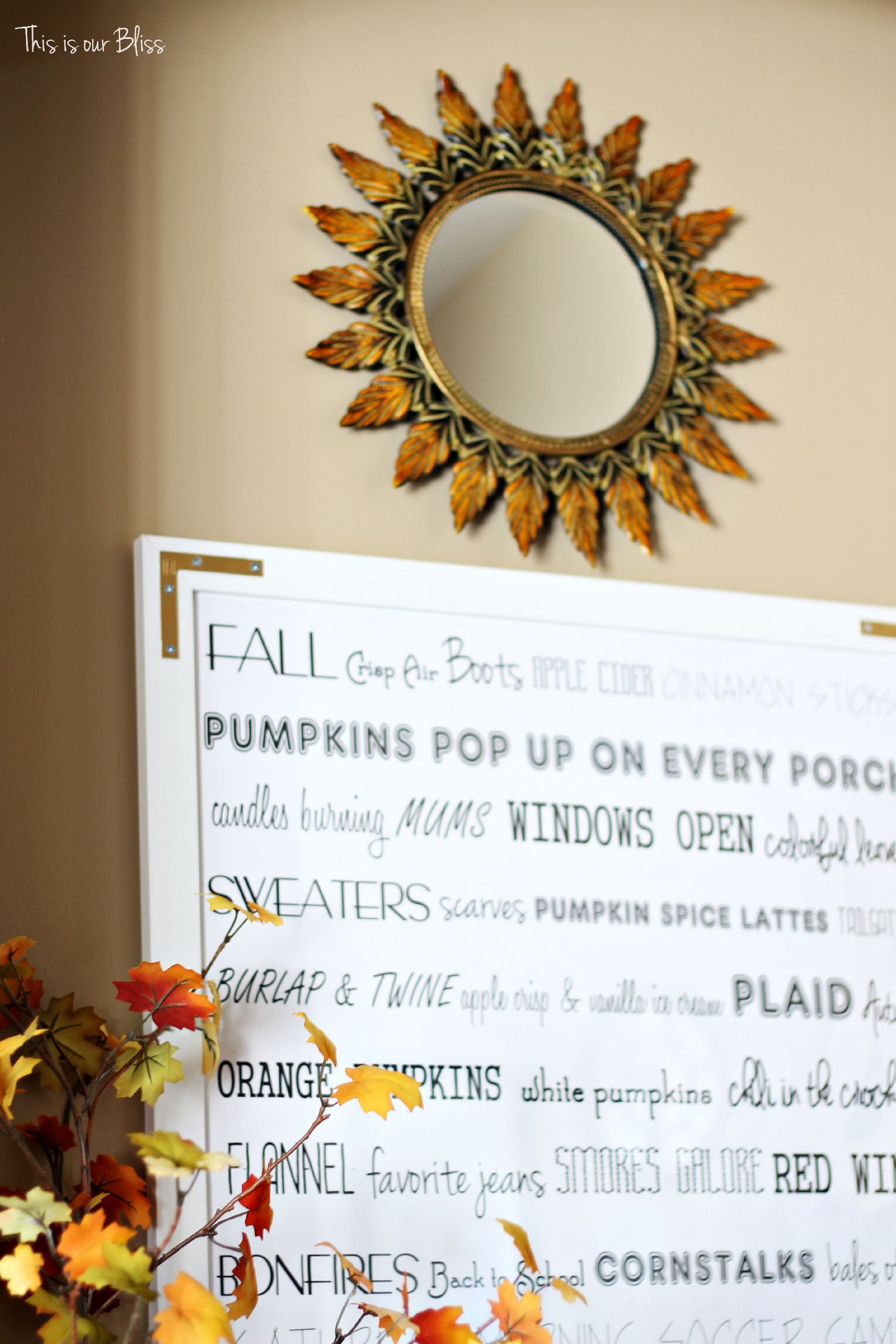 Fall entryway - fall vignette - DIY word art - fall decor - This is our Bliss