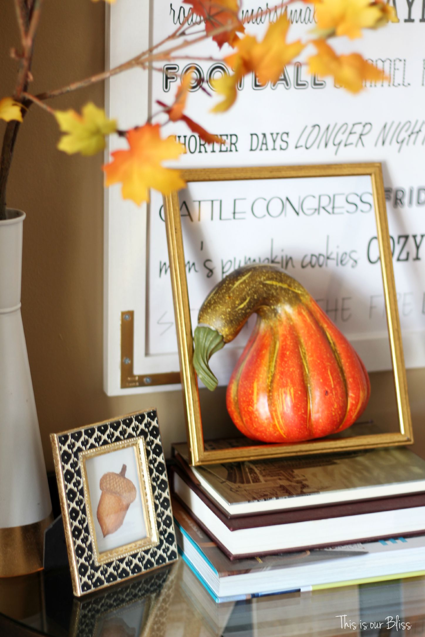 Fall entryway - fall vignette - entryway table styling - fall decor - neutral fall decor - DIY fall word art -- open frame - This is our Bliss