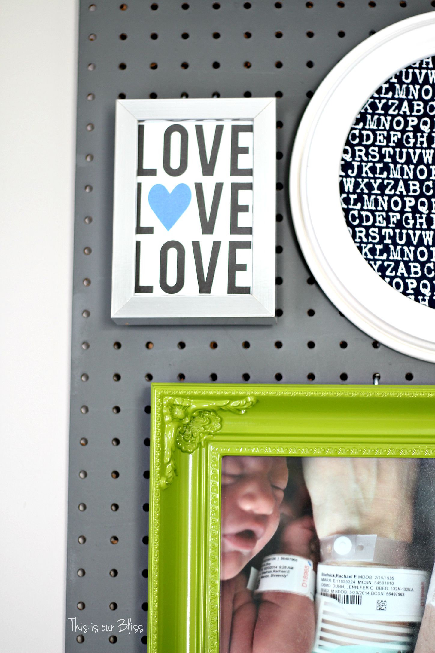 framing greeting cards as art - pegboard gallery wall - little boy nursery - LOVE - This is our Bliss