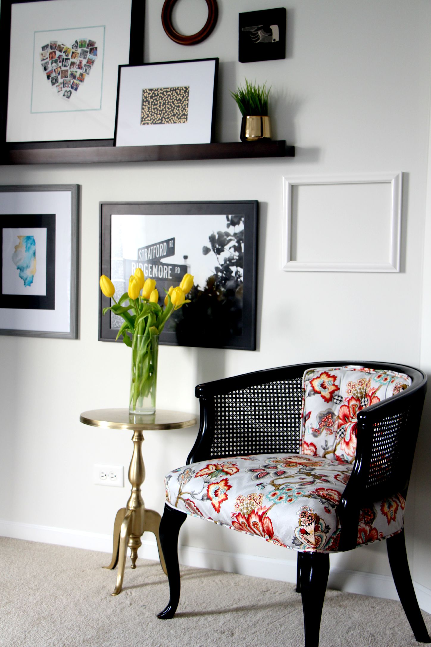 guestroom revamp - gallery wall - picture ledge - gold foil journal turned art - reupholstered cane chair - This is our Bliss