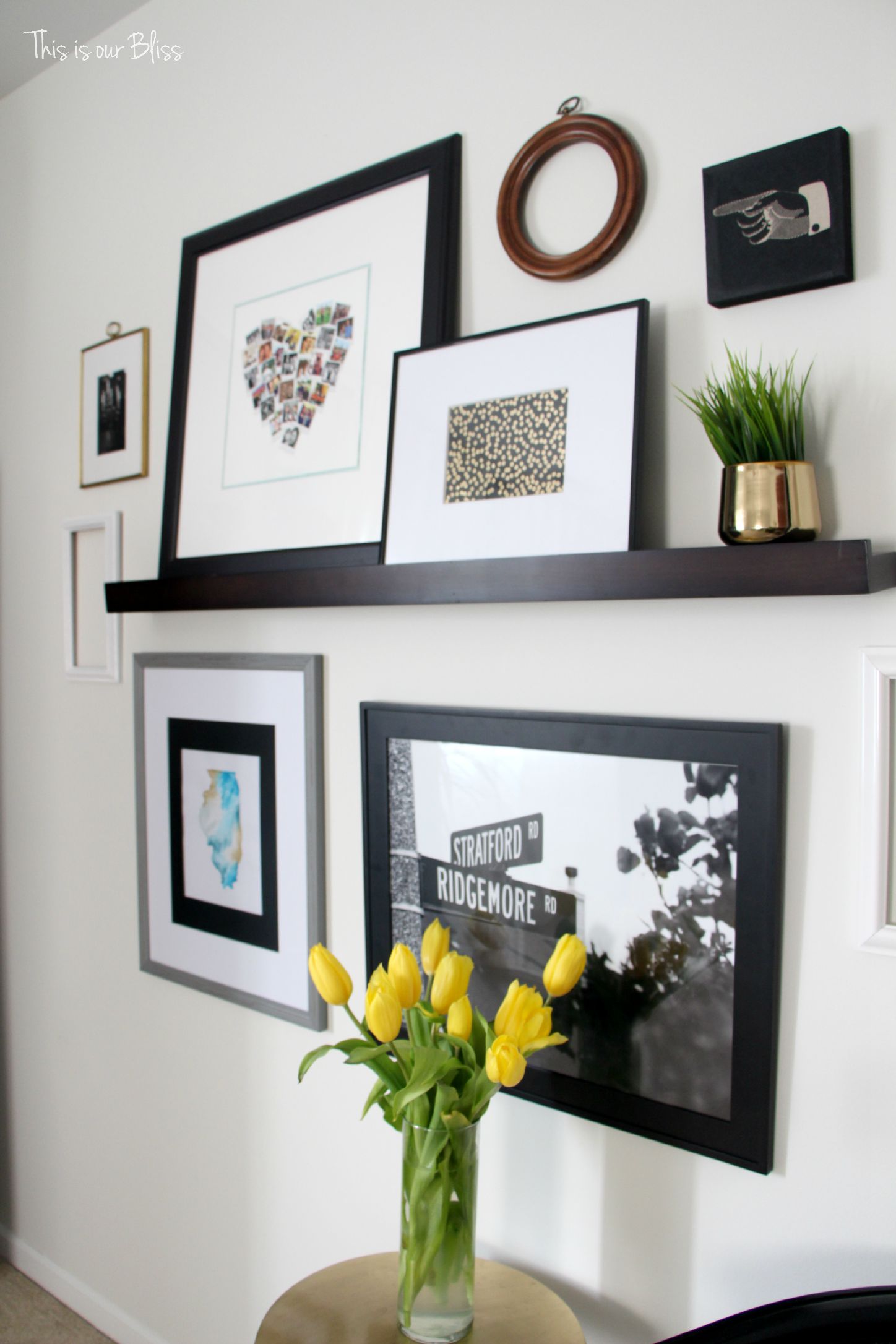 guestroom revamp - gallery wall - picture ledge - gold foil journal turned art - This is our Bliss