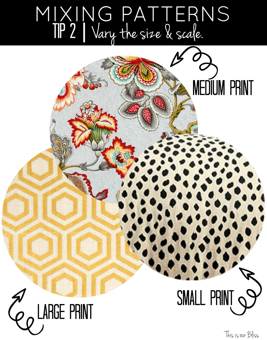 how to mix patterns - tip 2 - vary the size & scale - small, medium large - This is our Bliss